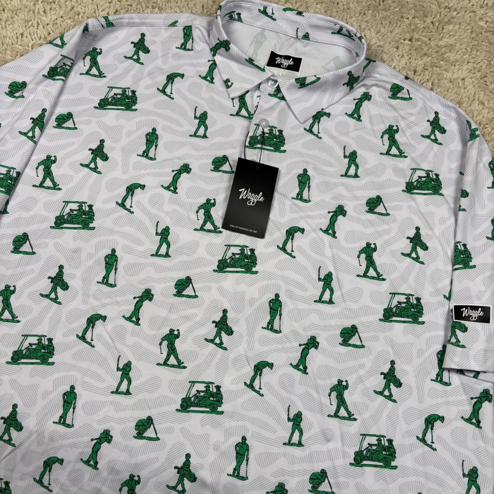 Waggle Toy Golfers Polo Mens 3XL White Green Army Men Print Performance NWT